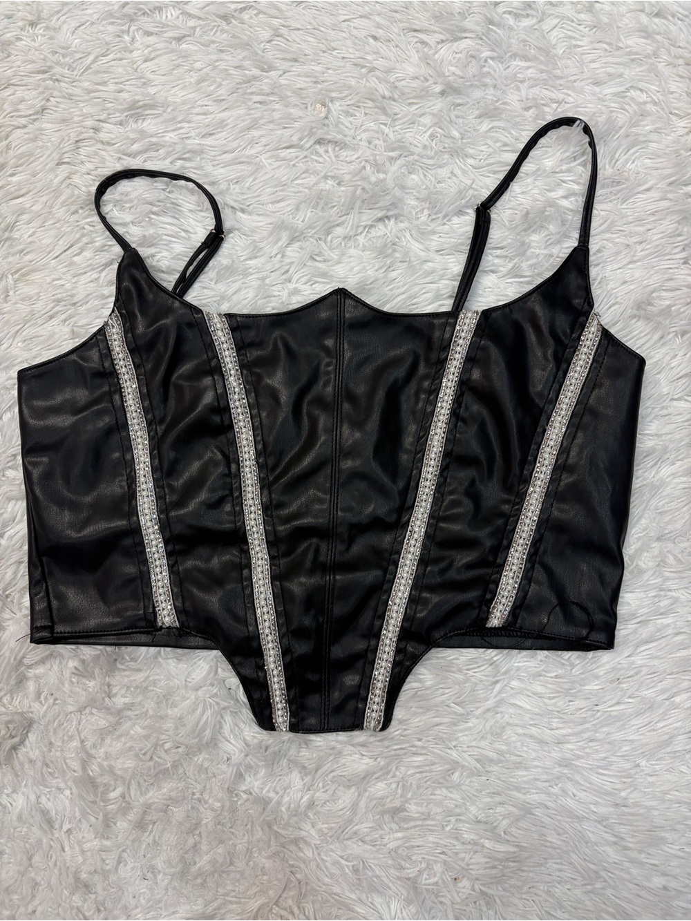 The Sang Faux Leather Jeweled Corset Top Black